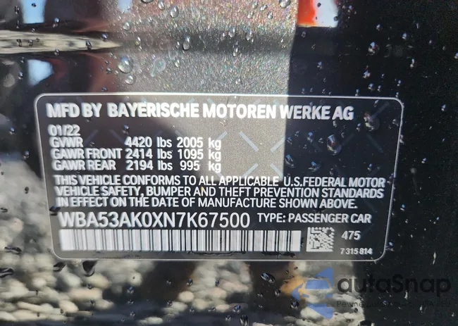 WBA53AK0XN7K67500: 85562075