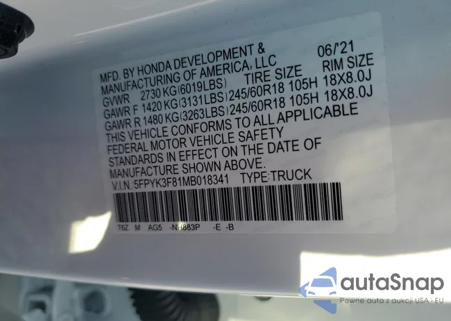 5FPYK3F81MB018341: 87059765