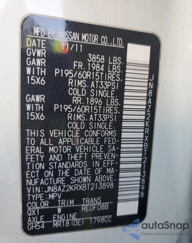 JN8AZ2KRXBT213898: 86876935