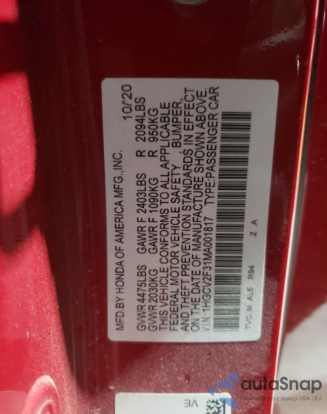 1HGCV2F31MA001817: 90070845