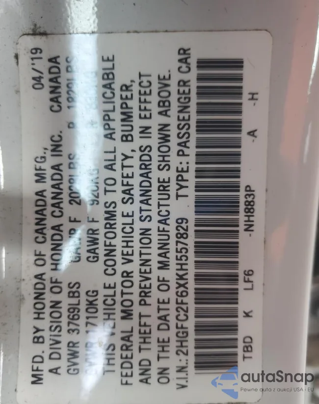 2HGFC2F6XKH557829: 84963115