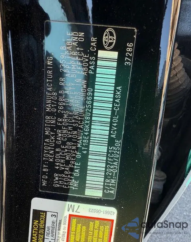 4T1BE46KX8U256690: 89562195