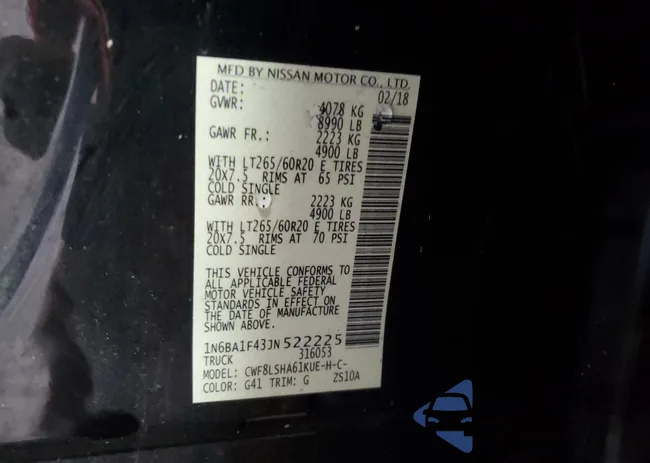 1N6BA1F43JN522225: 85337335