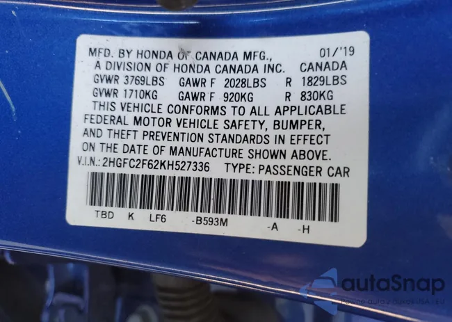 2HGFC2F62KH527336: 77479634