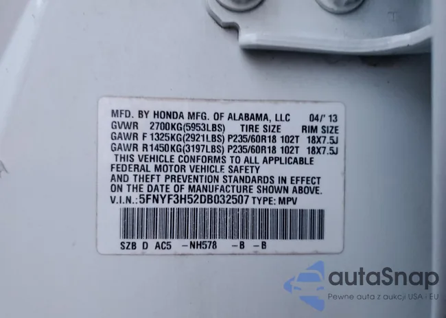 5FNYF3H52DB032507: 91700535