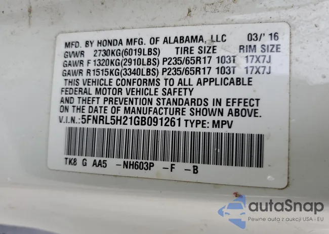 5FNRL5H21GB091261: 92170185