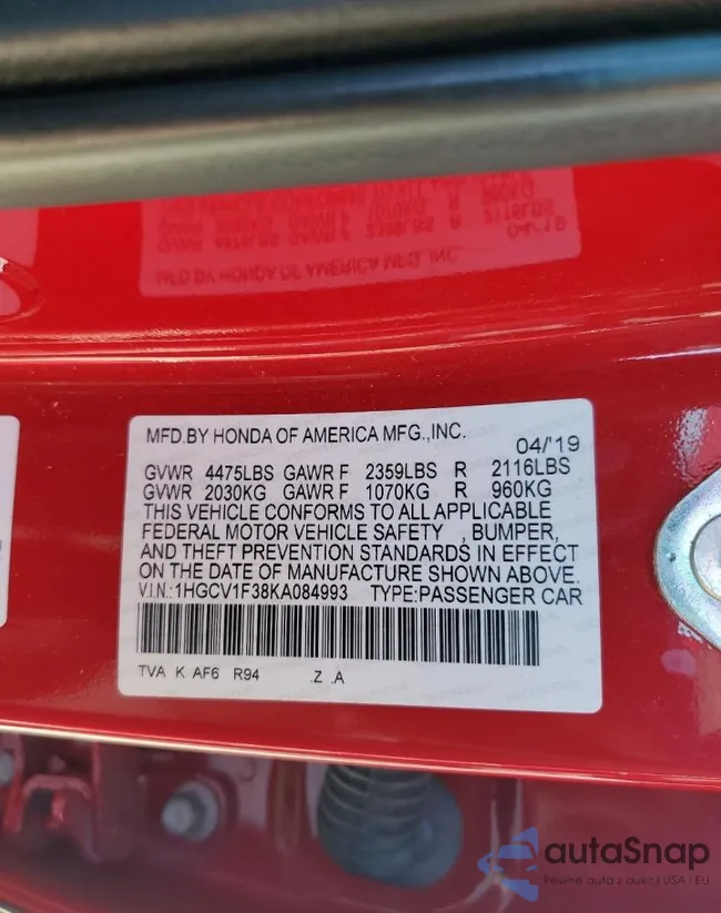 1HGCV1F38KA084993: 91631705