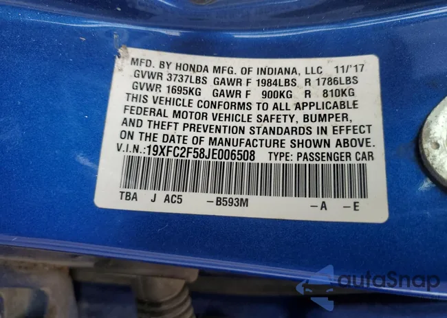 19XFC2F58JE006508: 91912775