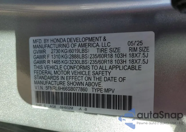 5FNRL6H66SB077860: 90934985