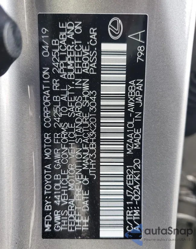 JTHY3JBH3K2013043: 92111005