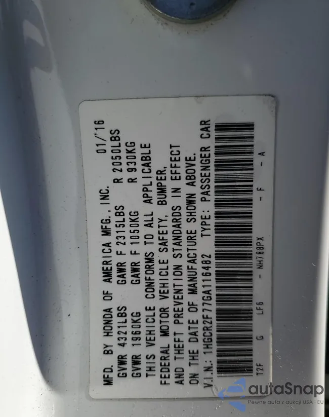 1HGCR2F77GA116482: 91119655