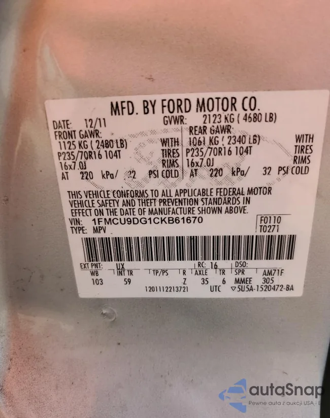 1FMCU9DG1CKB61670: 91955625