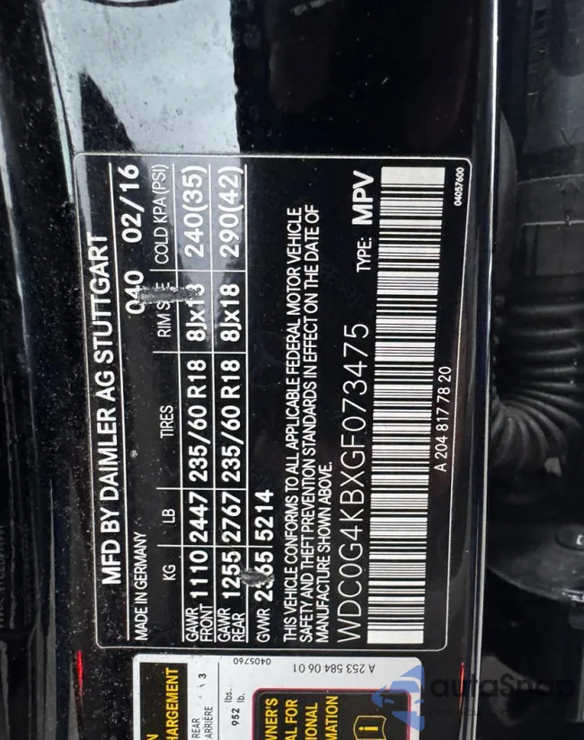 WDC0G4KBXGF073475: 91635245