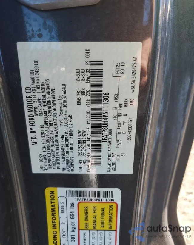 1FATP8UH4P5111306: 92542425