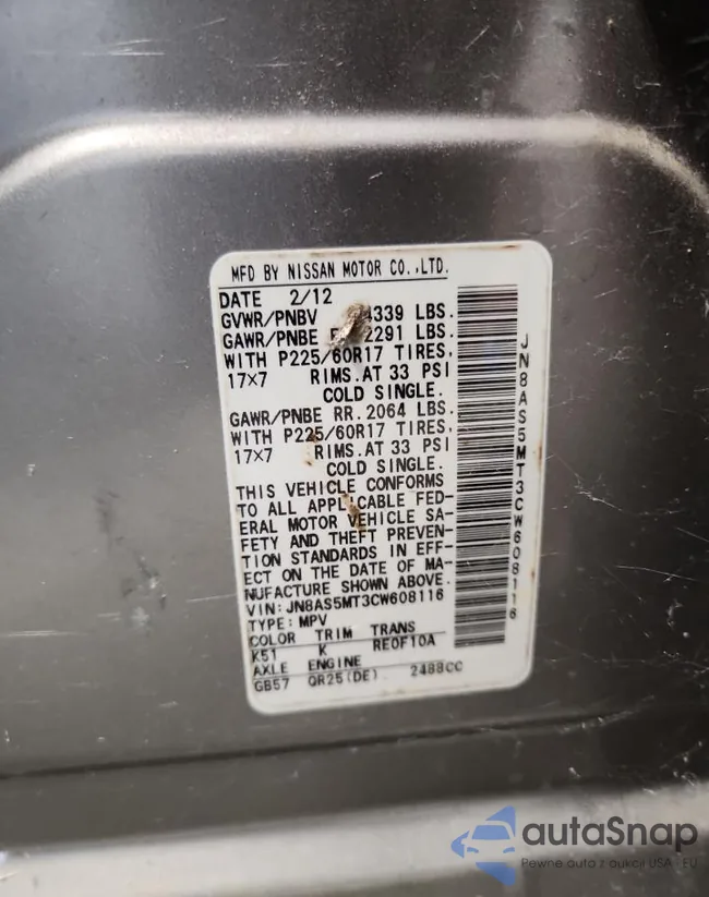 JN8AS5MT3CW608116: 91236565