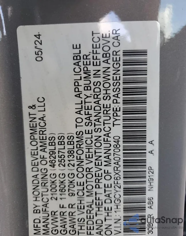 1HGCY2F6XRA070840: 84827984