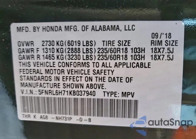 5FNRL6H71KB037940: 97716505