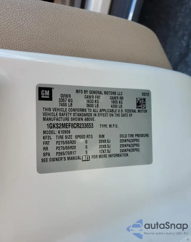 1GKS2MEF8CR233653: 82988583