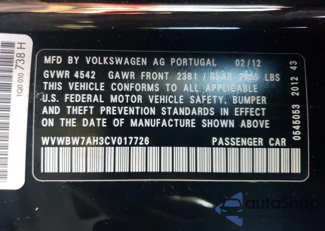 WVWBW7AH3CV017726: 41497334