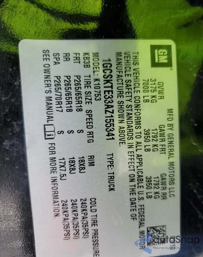 1GCSKTE33AZ155341: 46408534