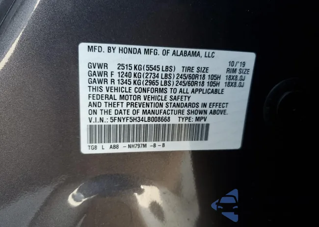 5FNYF5H34LB008668: 50185734