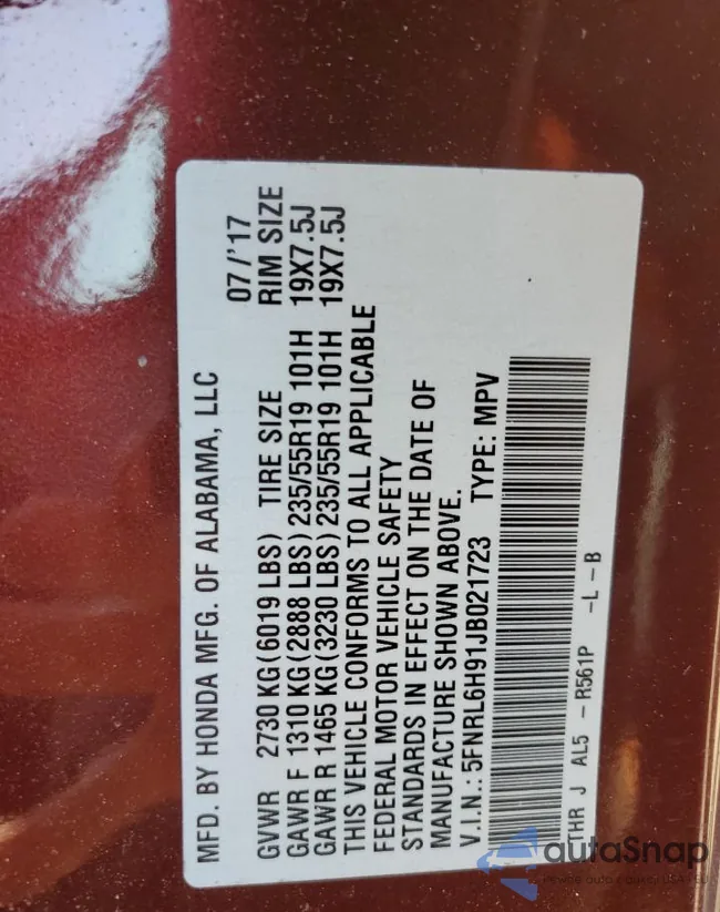 5FNRL6H91JB021723: 54387654