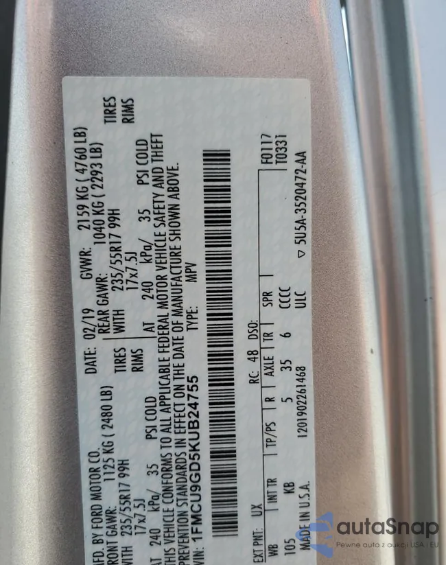 1FMCU9GD5KUB24755: 60190574