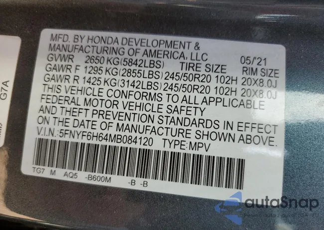 5FNYF6H64MB084120: 61005353