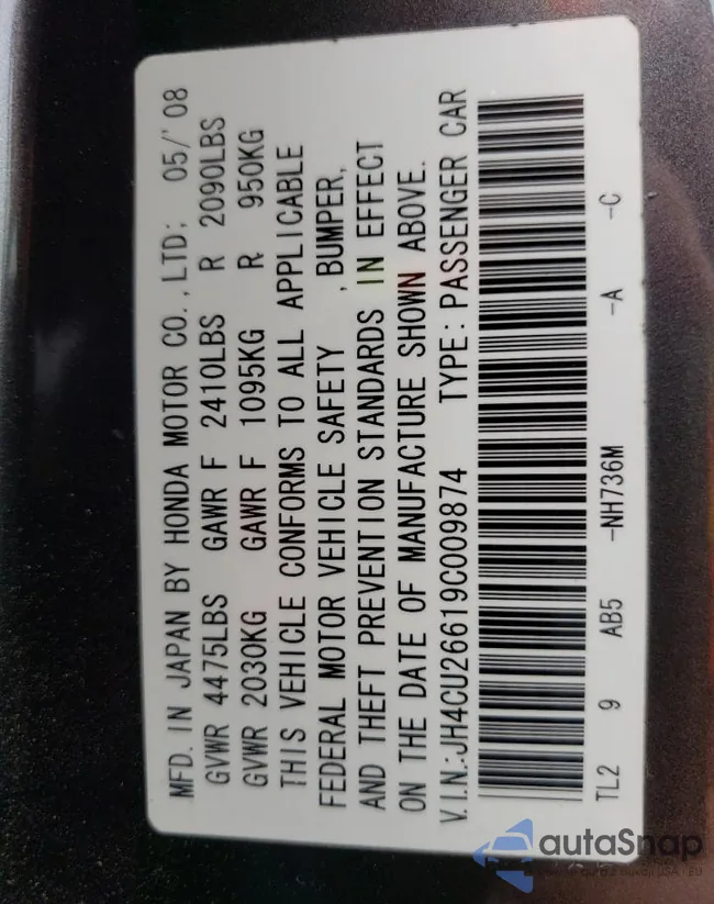 JH4CU26619C009874: 69192043