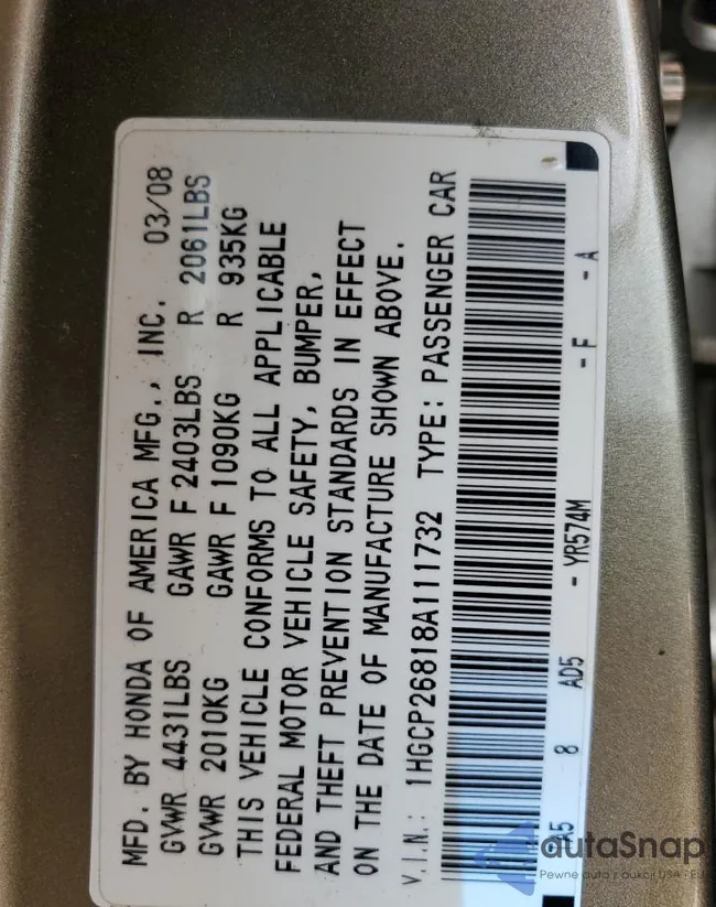 1HGCP26818A111732: 71455863