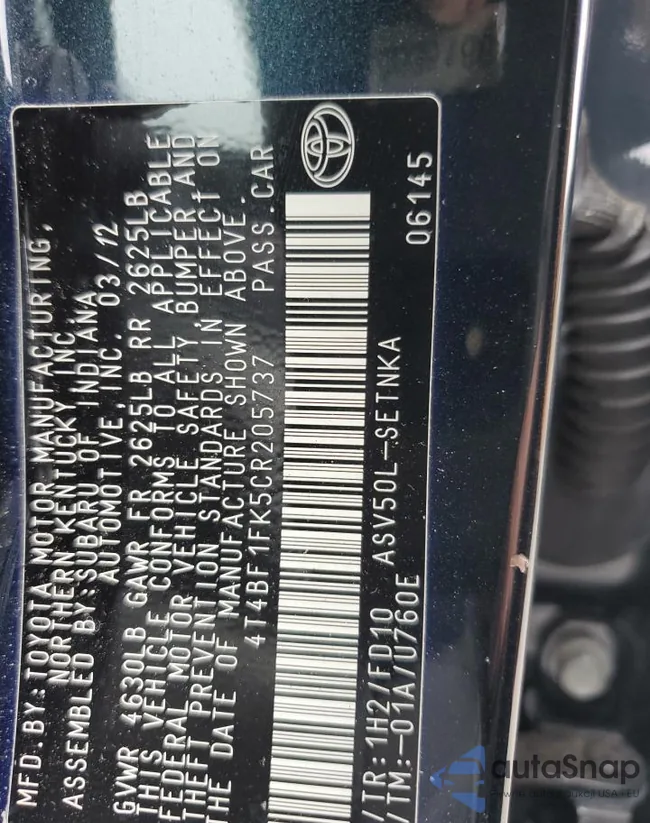 4T4BF1FK5CR205737: 75520003