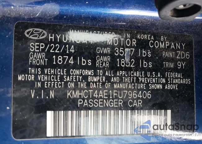 KMHCT4AE1FU796406: 74721143