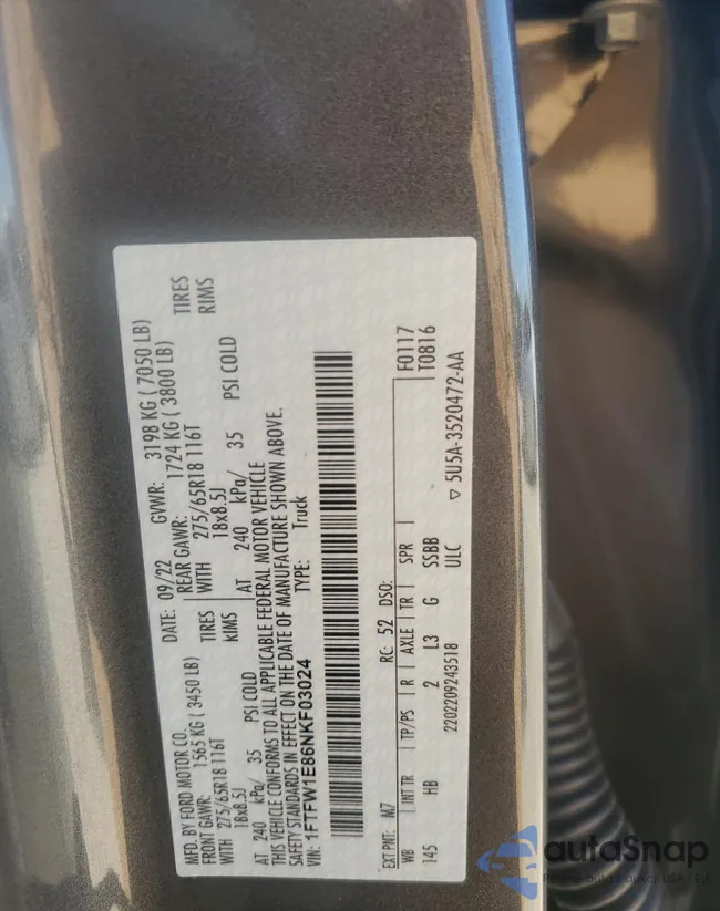 1FTFW1E86NKF03024: 75735833